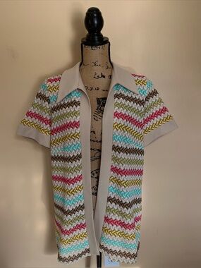 Vintage 1970s Rainbow Chevron Knit Short-Sleeve Cardigan Dagger Collar